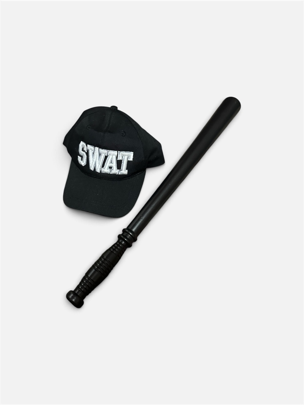 SWAT Embroidered Baseball Cap with matching plastic handheld accessory - Black